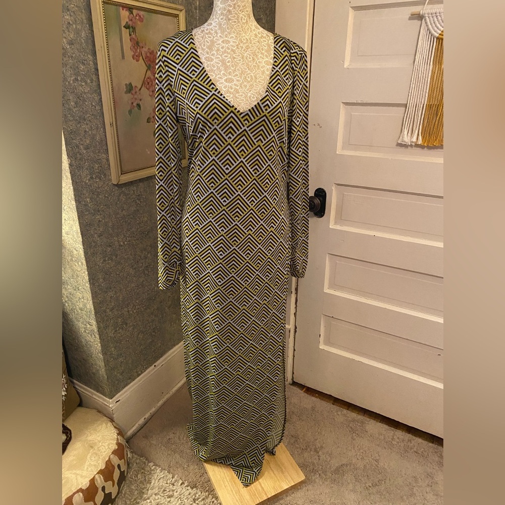 NWT Vertigo Y2K vintage yellow & black Geometric Patterned maxi stretch Dress S